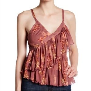 XS Free People Mauve Pink Floral Frilly Sleeveless Top w/ Strap Adjusters